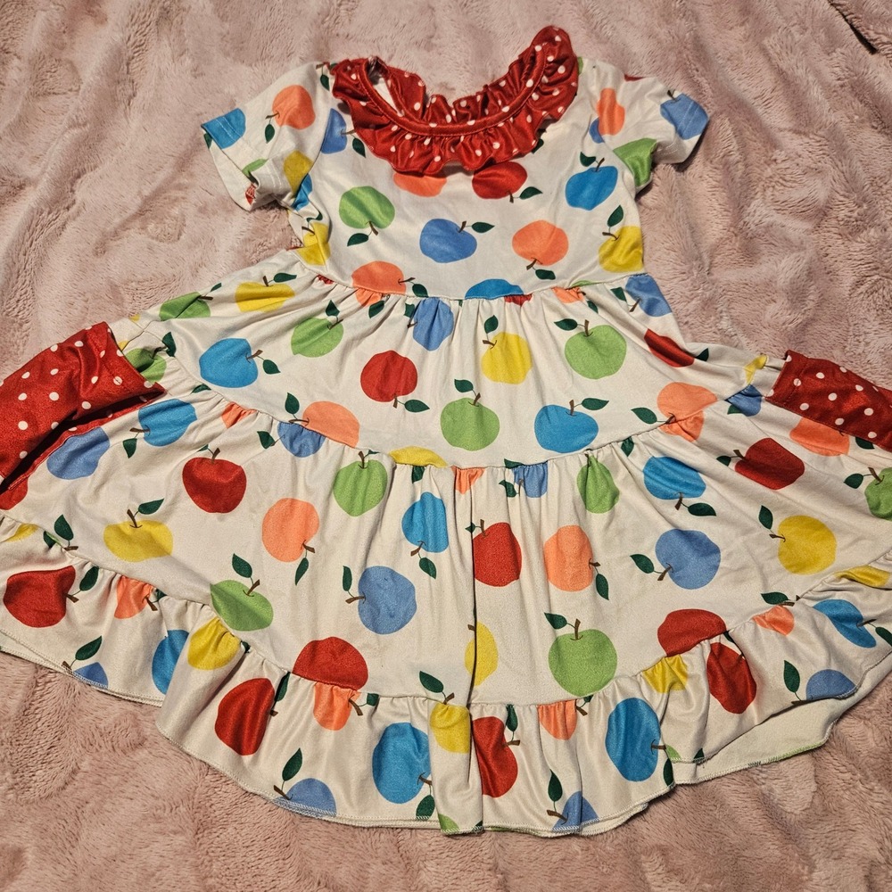 Marie Nicole Girls Dress XL Apple Print‎ Tiered Ruffle Polka Dot Pock ets